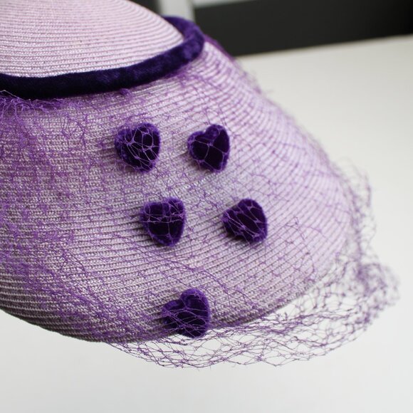 Vintage 1950's Lilac Woven Purple Heart Velvet Birdcage Veil Headpiece Hat - Picture 5 of 10